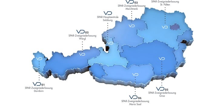 Karte SPAR VD Bundesländerstandorte in Österreich